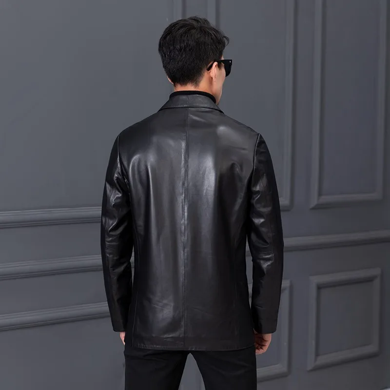 

Single Business Men Breasted Slim Fit Sheepskin Genuine Leather Blazer Jacket Office Work Suit Top Coat Autumn Man Plus Size 6XL