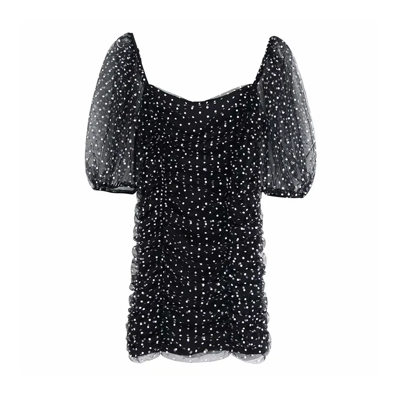 

2020 Casual Stylish Sheath Dresses Women Elegant Slim Fit V Neck Mini Dress Polka Dots Short Puff Sleeve Back Zipper Female