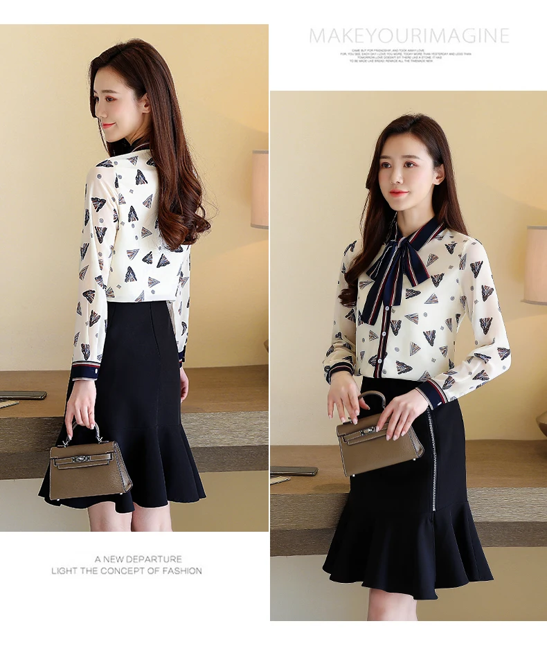 

Houthion Silk Women's Blouses Long Sleeve Top Chiffon Shirt Fashion Printed Casual New Korean Summer Blouse Button Full Bow