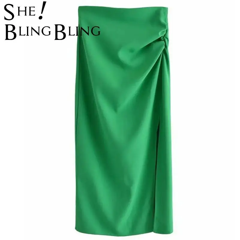 

FAKUNTN SheBlingBling 2021 Za Summer High Waist Zipper Back Ruched Detail Split Side Women Casual Straight Midi Skirts Green