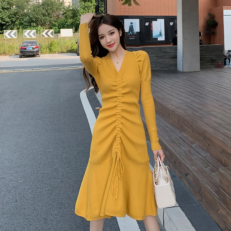 

KCHY Elegant Knitted Dress Women Autumn Winter V Neck Long Sleeve Mermaid Dresses With Drawstring Fashion Trend