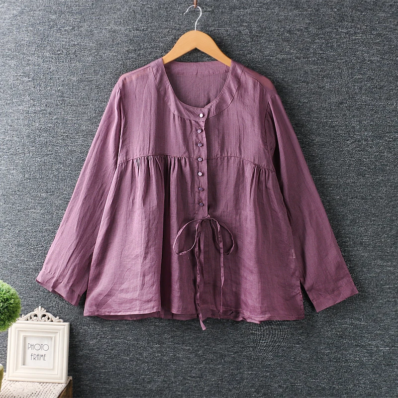 

2020 New Autumn Women Tops Japan Style Literary Fresh Lacing Ramie Blouse Loose Big Size Shirts Women