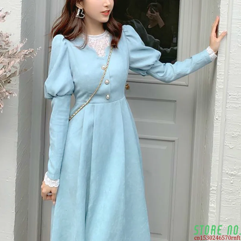 

Spring French Patchwork Dress Women Elegant Blue Lace Designer Fairy Dress Female Puff Sleeve Kawaii Korean One-piece Dress 2021