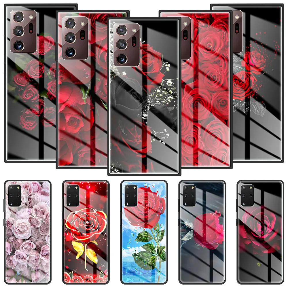 

Phone Case For Samsung Galaxy S20 FE S21 S10 S9 S8 Note 20 Ultra 10 Plus 9 Tempered Glass Cover Capa Bright Red Rose Flowers
