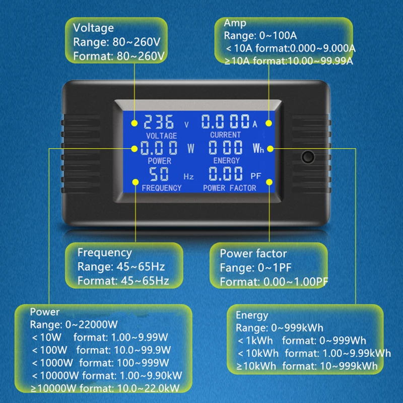 Профессиональный однофазный цифровой панельный Амперметр 6 в 1 220 В а ваттный кВтч