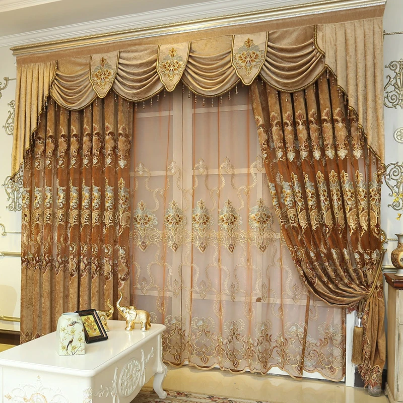

Luxury Chenille Embroidery Tulle Curtains for Living Room Semi-Blackout Coffee Hollow Window Drapes for Bedroom Villa HM112#VT