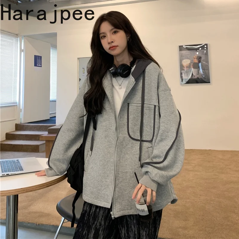 

Harajpee Women Thickened Hooded Sweater Jacket Coat Casual Contrast Line Zipper Long-sleeved Loose 2021 Autumn and Winter New