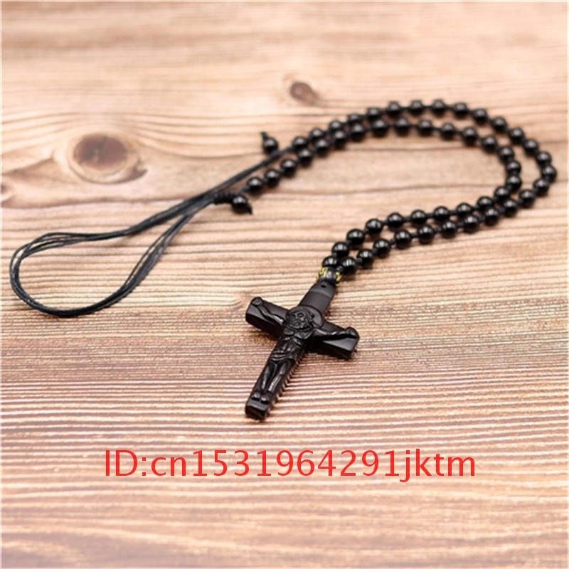 

Jewelry Gifts Jade Amulet Women Obsidian Pendant Black Necklace Fashion Natural Beads for Jesus Chinese Charm Cross