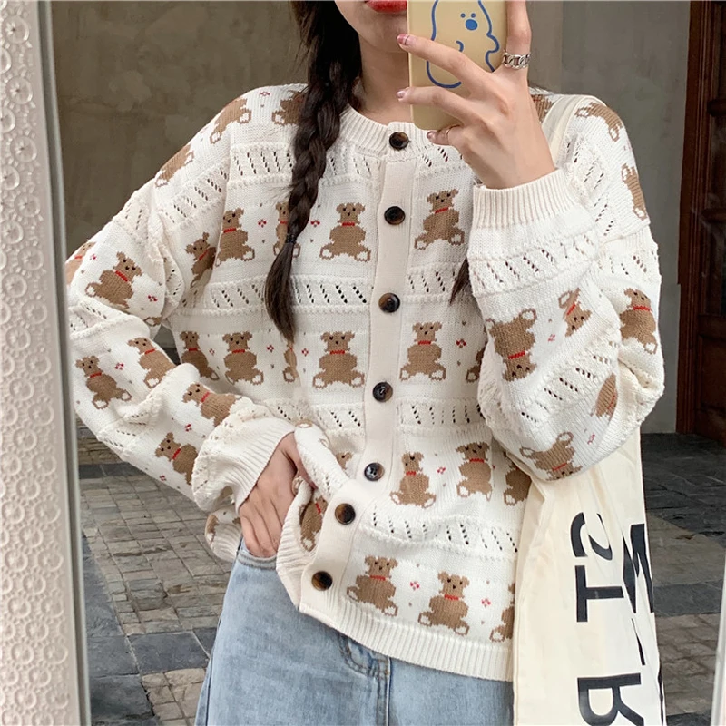 PERHAPS U Women Short Thin Sweater Knitted O Neck Crew Cardigan Button Polka Beige Bear Cartoon Outwear Autumn M0144 |