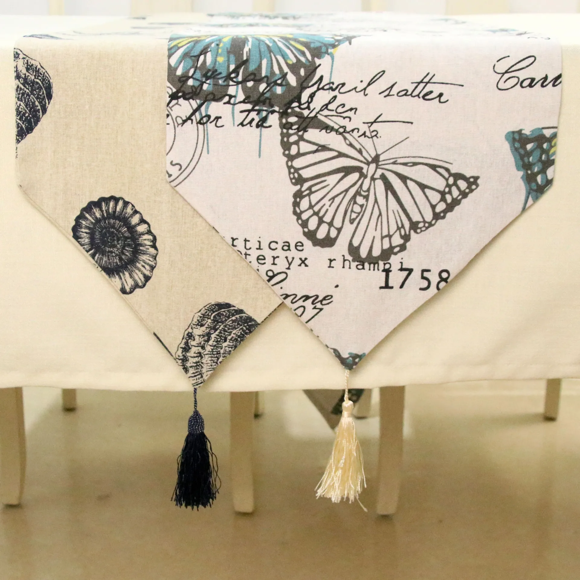

Nordic butterfly tablecloth with tassels summer bohemian decoration marine life printing table decoration table runner