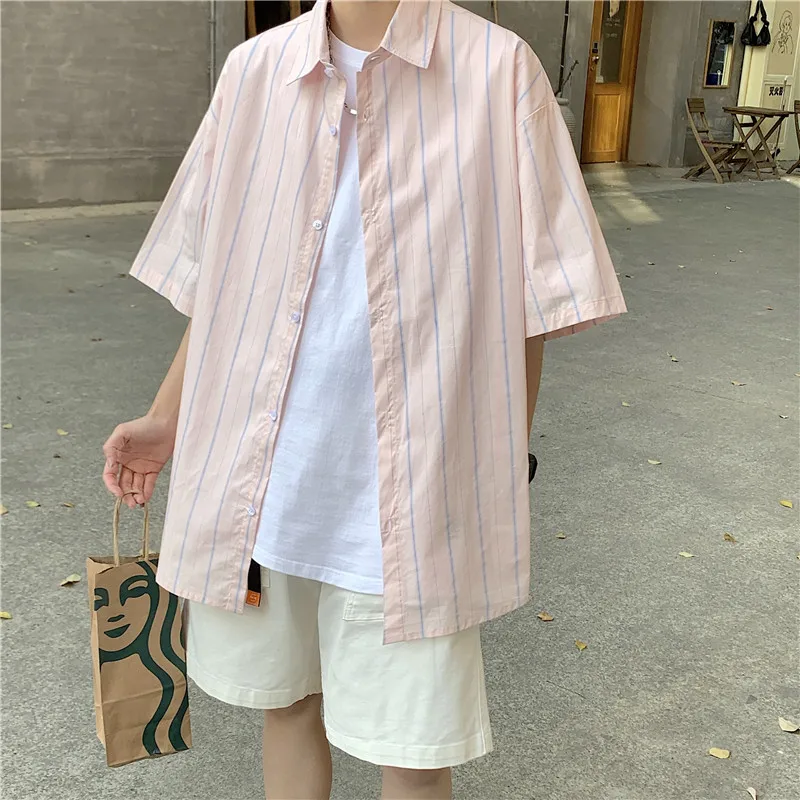 

Summer Short-sleeved Shirts Men's Fashion Casual Shirts Men Streetwear Korean Loose Striped Shirts Mens Dress Shirts M-5XL