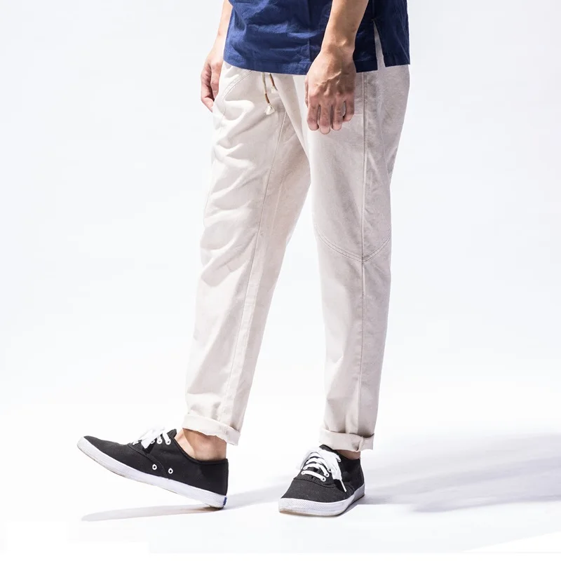 

Autumn New Chinese Style Linen Pants Men Casual Straight Ankle-length Trousers Male Cotton Pencil Pants Mens Pantalones