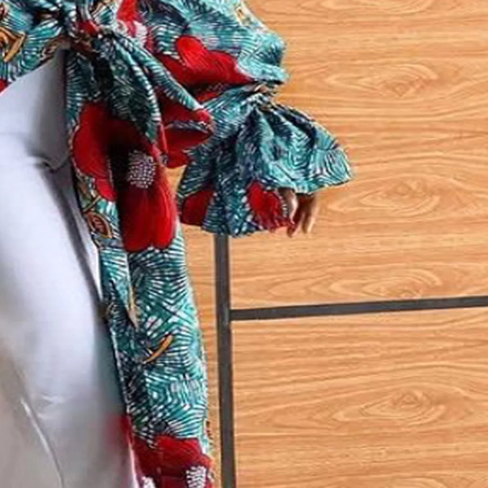 

Women Summer Long Sleeve Shirt Sexy Deep V Trumpet Sleeve Bandage Printed Loose Casual All-match Large Size Women's Shirt Tops