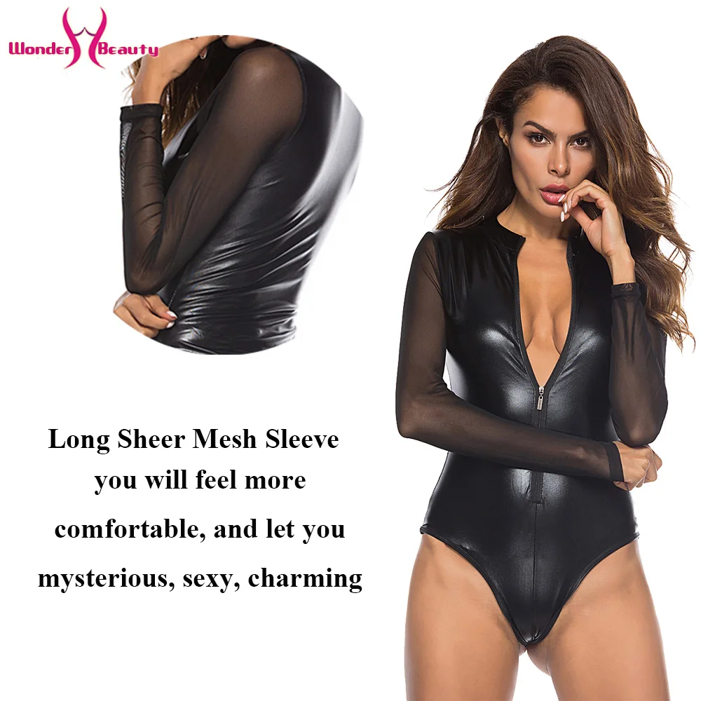 Black Mesh Long Sleeve Faux Leather Bodysuit Zipper Women Plus Size 4XL PU Body Feminino Sexy Clubwear Party PVC Bodysuits
