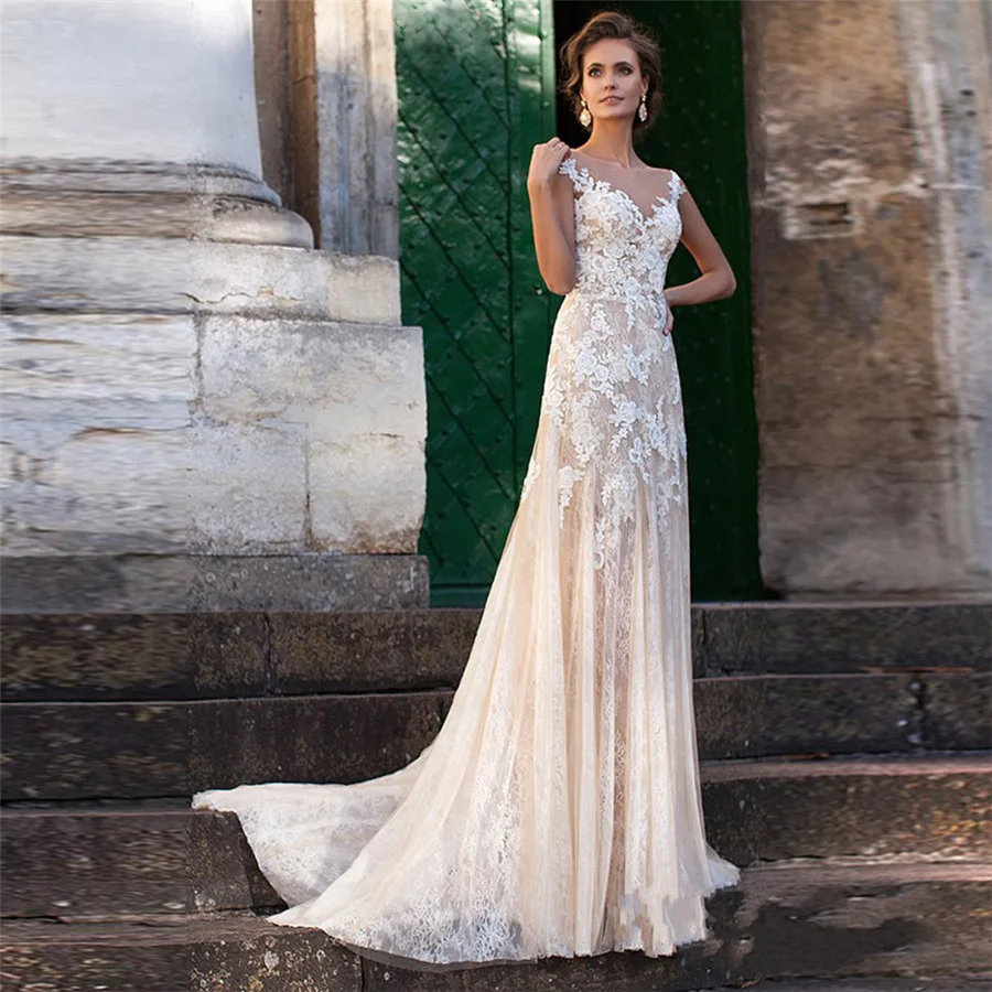 Lace Mermaid Wedding Dress 2020 Illusion Neckline Applique Vintage Bridal Gown Robe De Mariage Sheath Dresses Sheer Back | Свадьбы и