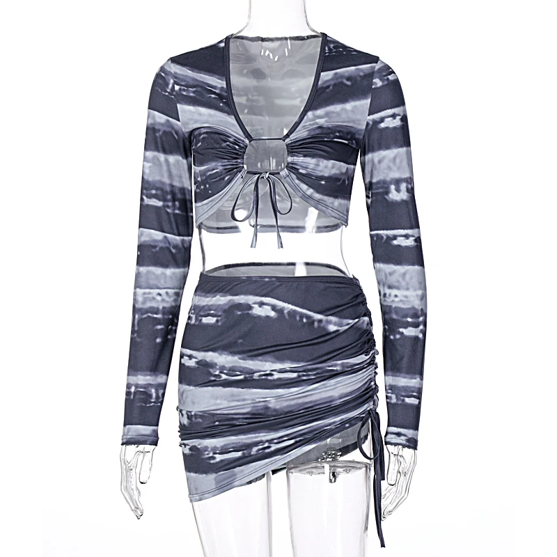 Hugcitar 2020 винтажный принт с длинным рукавом сексуальный укороченный топ юбка