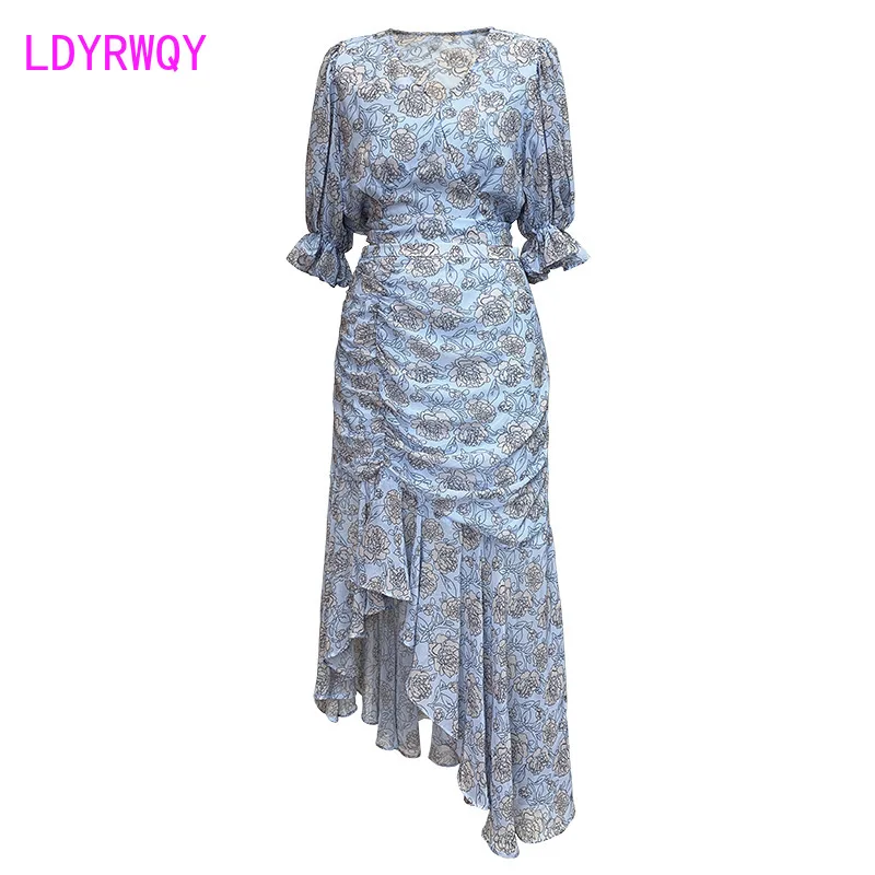 

Irregular two-piece suit 2021 summer design chiffon print V-neck lace-up top and skirt suit 2 pieces