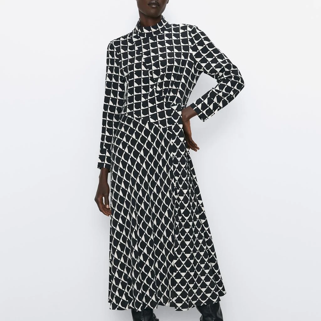 2019 Осень Зима Новое черно белое платье миди с принтом ТРАПЕЦИЕВИДНОЕ ПЛАТЬЕ со