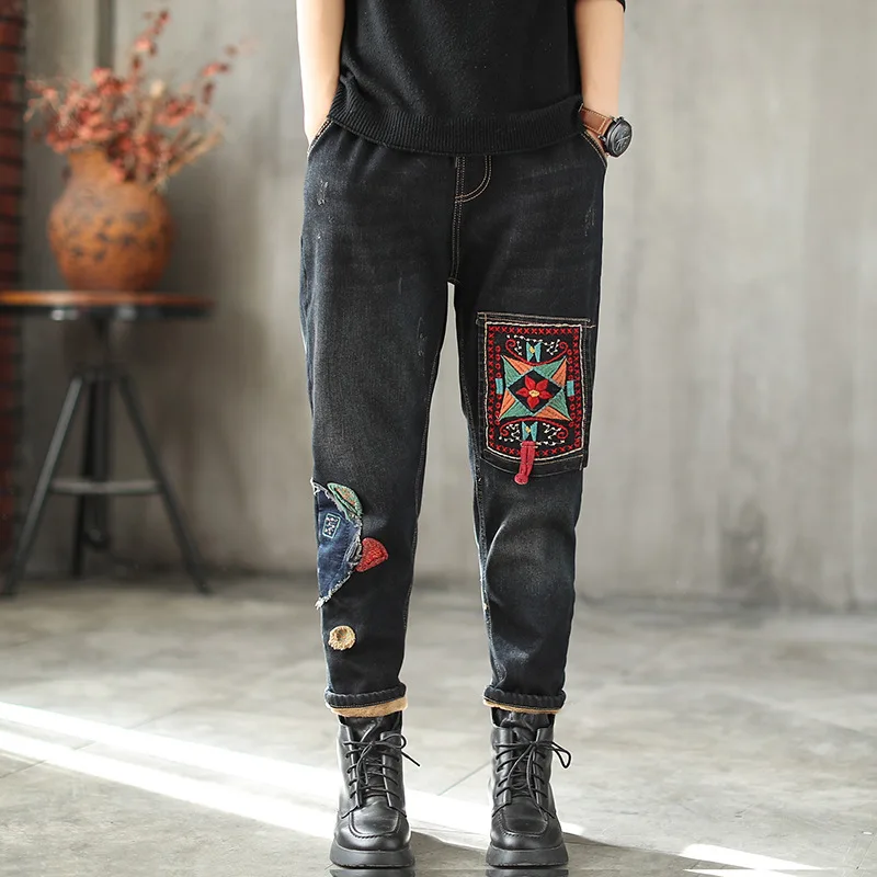 Женские флисовые свободные джинсы в стиле ретро повседневные брюки с эластичной