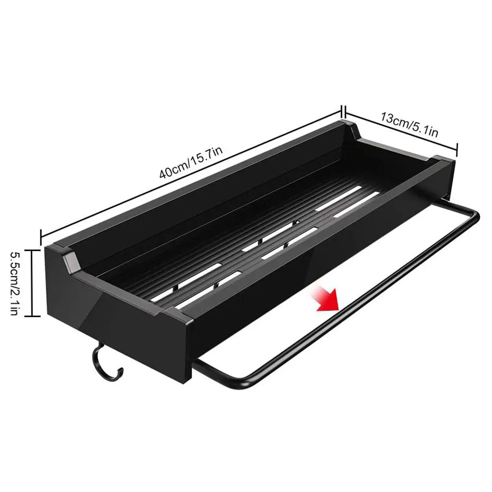 

Shower Shelf Rack Bathroom Caddy Wall Hanging Organiser With Towel Rail 5 Hooks For Kitchen Bathroom Living Room Office Black