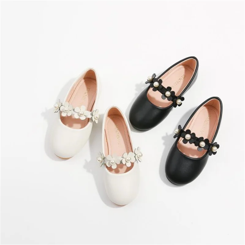 JY Children Girls Black&Beige Flat Princess Dance Party Pearl Flower Shoes Students Girl 25-35 318-79 High Quality GZX04