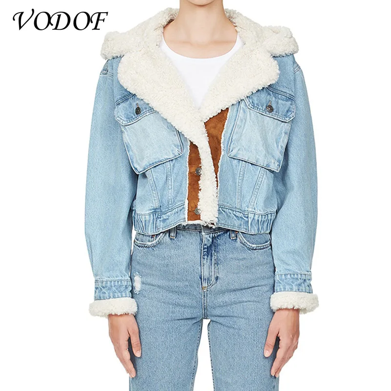 VODOF Patchowrk Lambswool Denim Jacket For Women Lapel Long Sleeve Tassel Casual Coat Female 2021 Winter Fashion New