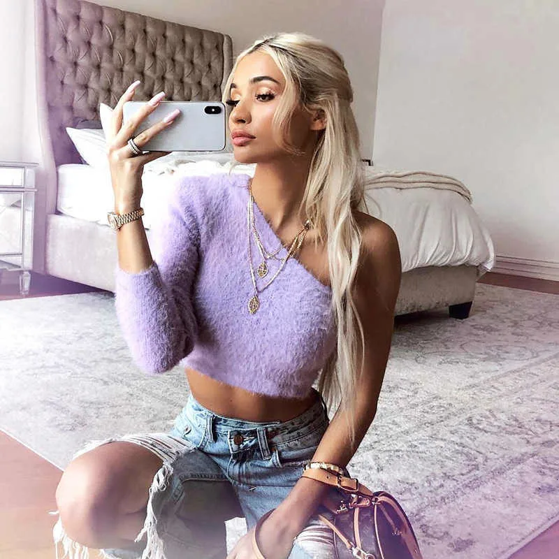 Сексуальный укороченный женский свитер с открытыми плечами мягкий зимний теплый