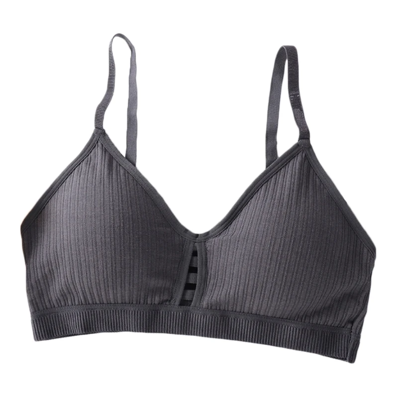 

Women Solid Color Seamless Bra Spaghetti Strap Ribbed Bralette Hollow Underwear