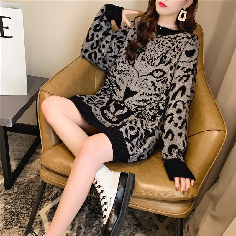 

Sweaters Polyester Office Lady Autumn and Winter Thickened Round Collar Knitwear Coat Korean Style Tiger Head Female Pullover