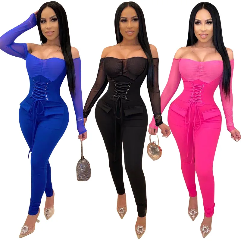 

Sexy Lace Up Strapless Bodysuit Off Shoulder Mesh Patchwork Romper Woman Jumpsuit Black Long Sleeve Skinny Party Overalls