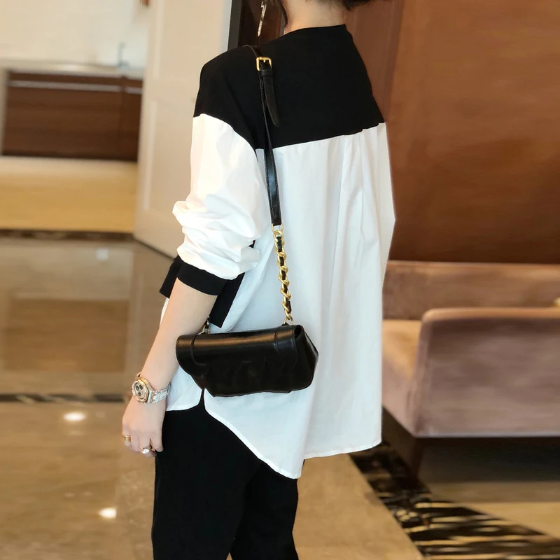 

CHICEVER Patchwork Colorblock Sweatshirts For Women Round Collar Long Sleeve Loose Oversize Sweatshirt Female Clothing 2021 New
