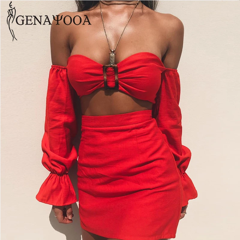 Genayooa Sloid Summer Two Piece Set Top And Skirt Beach Sexy Sets For Women Wrap Crop Long Sleeve 2020 |