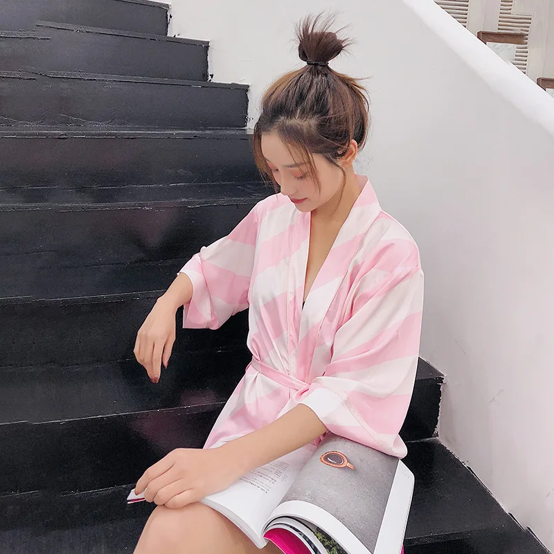 Милые розовые кимоно банный халат женский шелковые халаты летняя одежда для