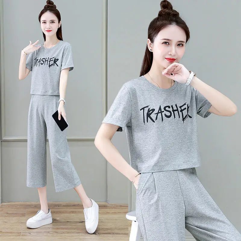 

Two-piece Women's 100% Cotton Summer Fashion Casual Sports Suit Short-sleeved Wide-leg Pants Two-piece Summer Women's Suit