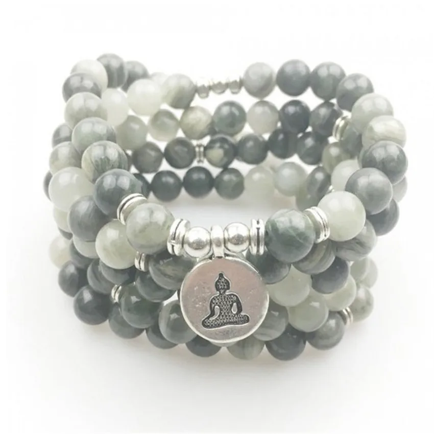 

6mm Moss Agate 108 Beads Pendant Bracelet Unisex Fancy yoga Buddhism Healing energy spirituality Reiki Meditation