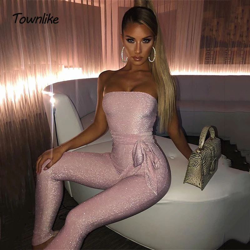 Женский комбинезон с блестками и открытой спиной облегающий длинный без