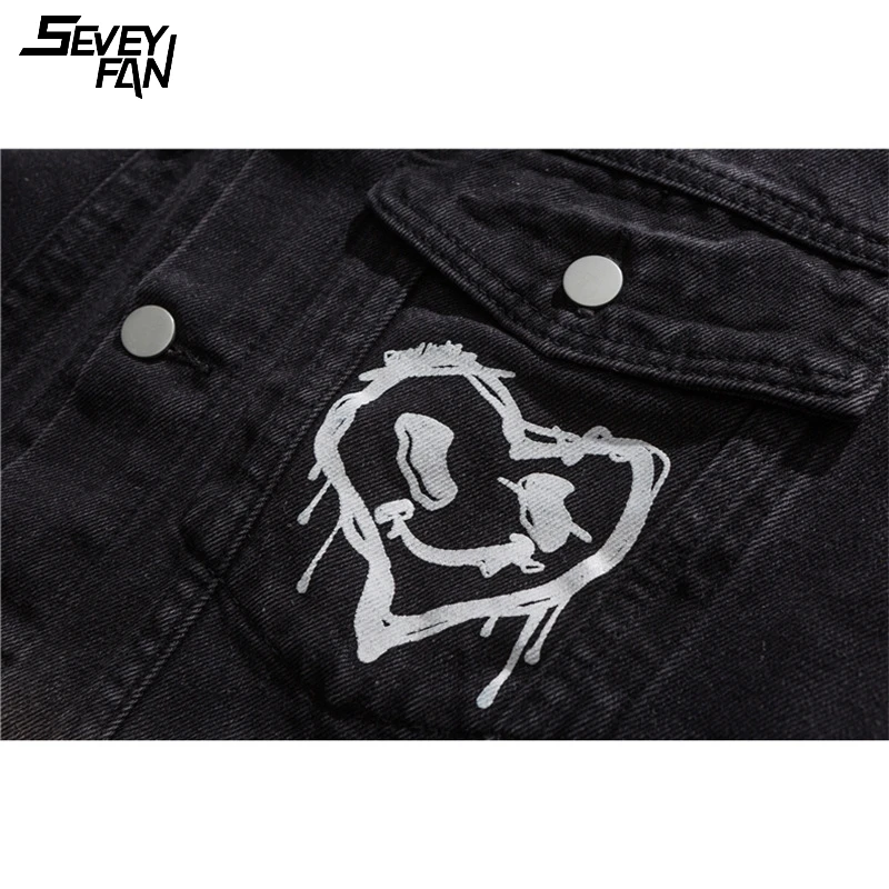 

2021 Hip Hop Jeans Jackets Men Face Heart Printed Oversized Japan Harajuku Denim Jacket Black Fashion Streetwear Clothes Male