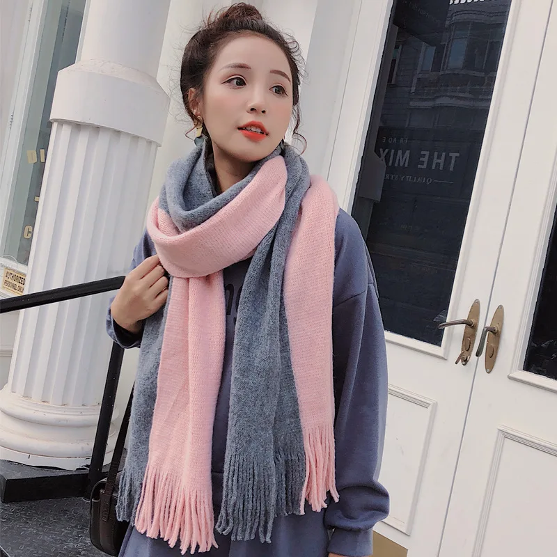

Winter Solid Scarf Lady Pashmina Shawls and Wraps Female Foulard Wool Stoles Head Double Color Patchwork Scarves For Womem