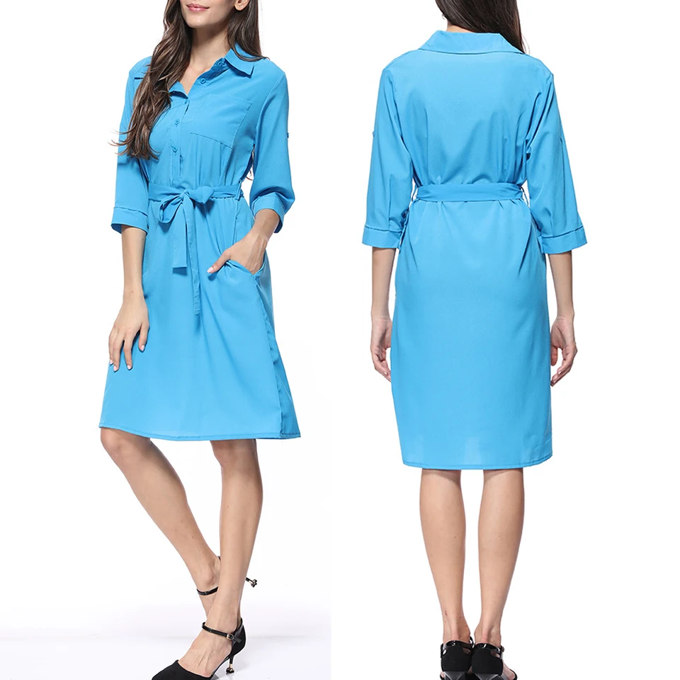 Бизнесс Для Женщина Работать Офисная Одежда Футболка Платье Отворот Отложной