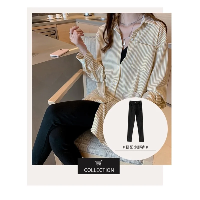 

Summer Long-sleeved Blouse The New Fashion Casual Stripe Korean Loose Sexy Chiffon Top shirt