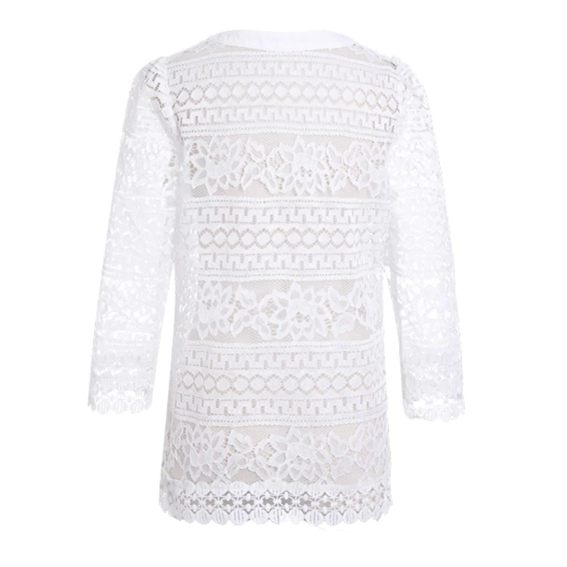 Женские топы летняя женская блузка blusa Новинка, большой размер, кардиган, черный, белый, вязаный крючком, Ультрамодная блузка с кружевными вставками, рубашка 3F