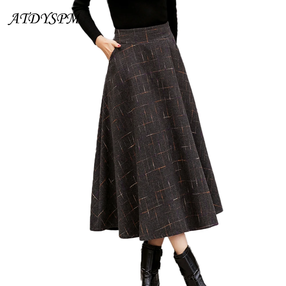 

Женская винтажная шерстяная юбка, повседневная плотная Теплая юбка с высокой талией, элегантная плиссированная длинная юбка-трапеция в кле...
