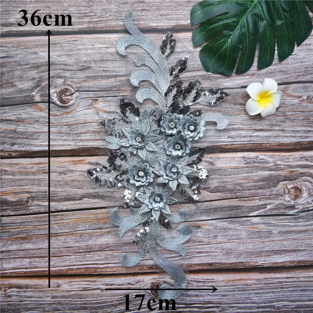 Серая Серебристая кружевная ткань блестки 3D цветы стразы кисточки свадебное