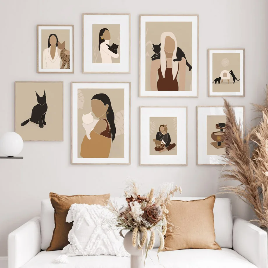 Декоративная печать на холсте "Мода женщина с длинными волосами и оцелот черной кошки" для создания постеров в эстетической комнате.