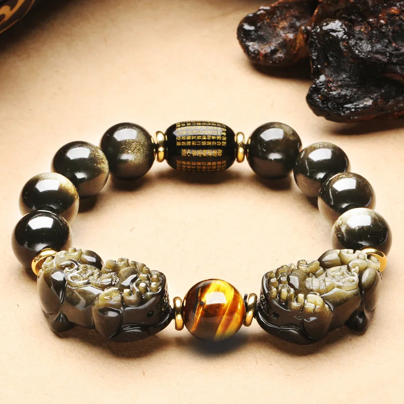 

Gold Obsidian Double Pixiu Bracelet Obsidian Heart Sutra Barrel Beads Stone Men's and Women's Bracelets