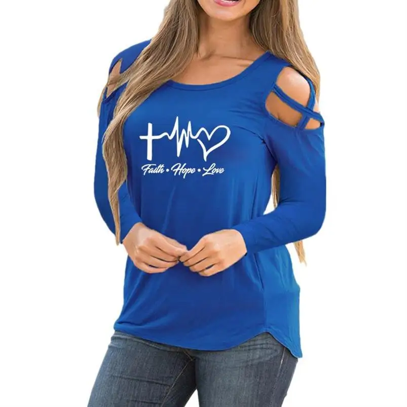 

2020 Fashion Bandage Off Shoulder Faith Letters Print T Shirt For Women Top Plus Size Tops