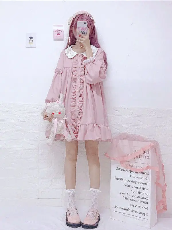 CON Girls Sweet Cute OP Lolita Dress Long Puff Sleeve Doll Collar Lolita Pink Daily Party Dress Women's Dresses Lolita Clothing images - 6
