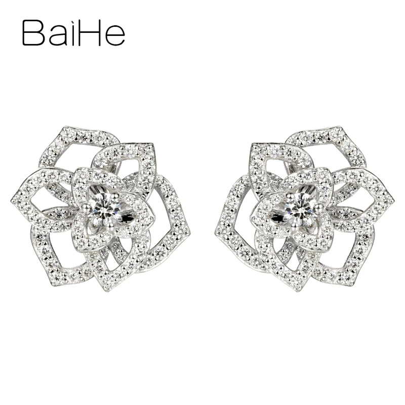 

BAIHE Solid 14K White Gold H/SI Natural Diamond Flower Stud Earrings Women Wedding Trendy Fine Jewelry Boucles D'oreilles Fleur