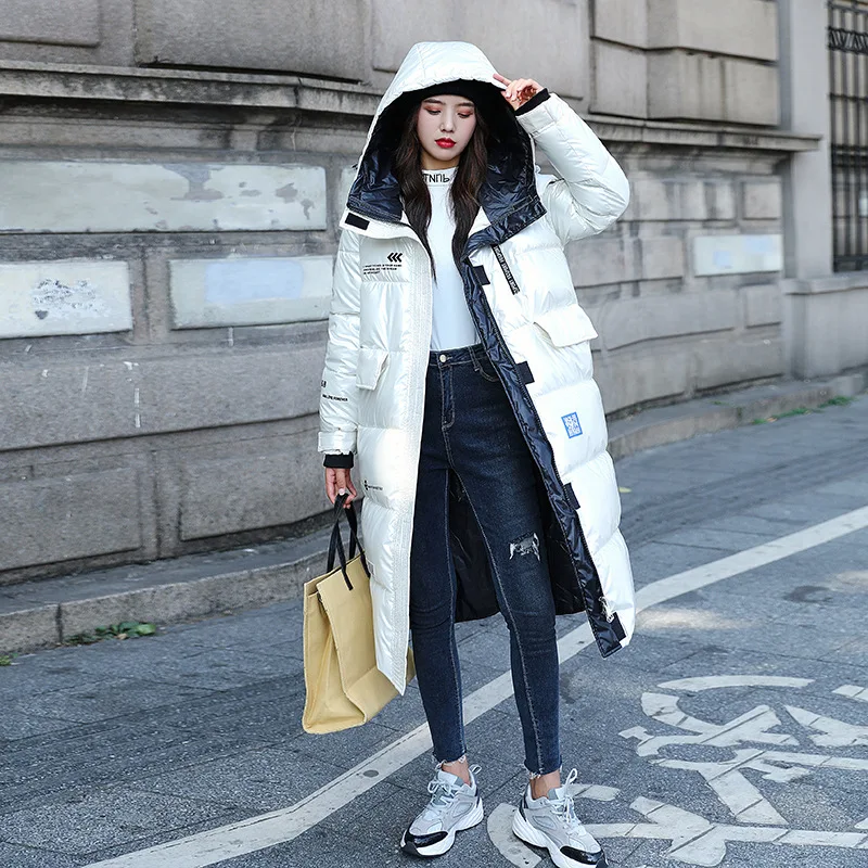 

2021 Letter Print Women's Warm Coat waterproof glossy Parkas long Winter Jacket For Women Thick Plus Size Female Hooded coat