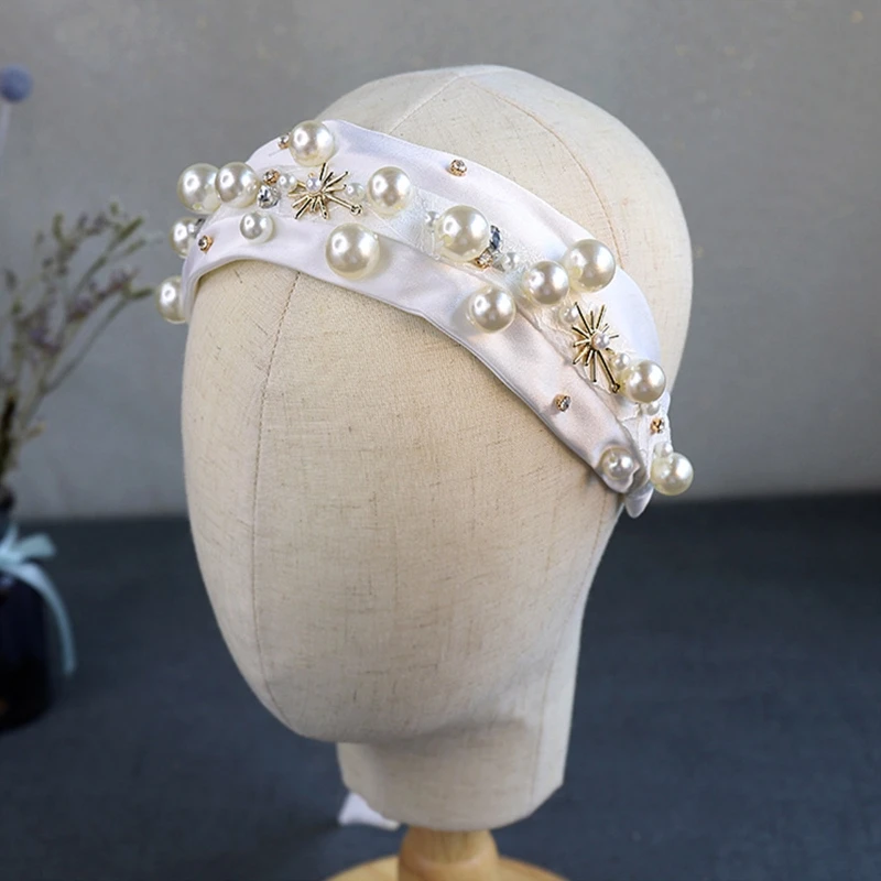

2021 New Wedding Bridal Satin Headband Faux Pearl Beading Jewelry Church Party Hair Hoop